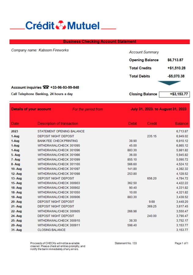Modèle Word et PDF de relevé de compte d'entreprise de Crédit Mutuel Banque